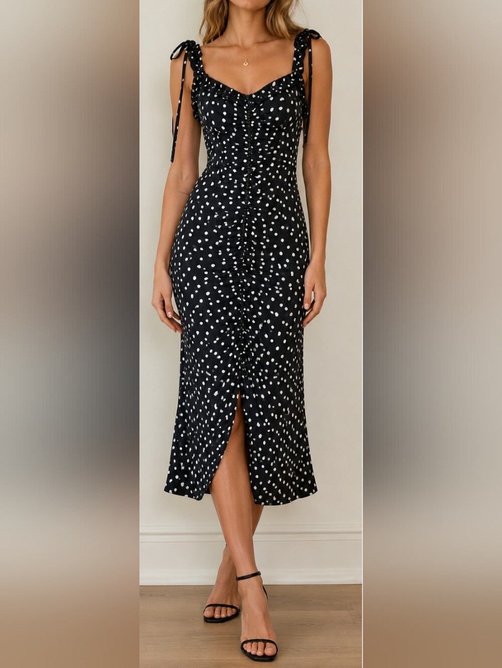 Lulus Black & White Polka Dot Midi Dress | Size XS | Ruched Tie Strap ~ MSRP $78